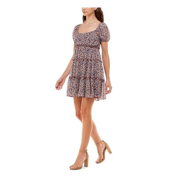 TRIXXI Womens Empire Waist Mini Dress Red Fitted Party Puff Sleeve Juniors M - Picture 3 of 4